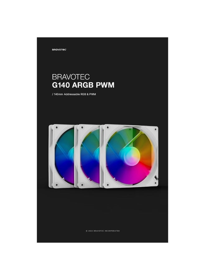 برافو مروحة كمبيوتر G140 ARGB PWM مقاس 140 مم بتقنية aRGB: هادئة وقوية، سرعة دوران 1700 دورة في الدقيقة، تدعم وحدة تحكم مروحة ARGB بجهد 5 فولت و4 دبابيس، تدفق هواء 73.9 قدم مكعب في الدقيقة، مزودة بمحمل هيدروليكي. - Image 3